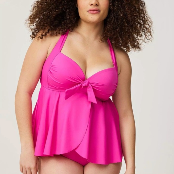 TORRID Wireless Babydoll Tie-Front Tankini Top Pink New - Picture 3 of 4